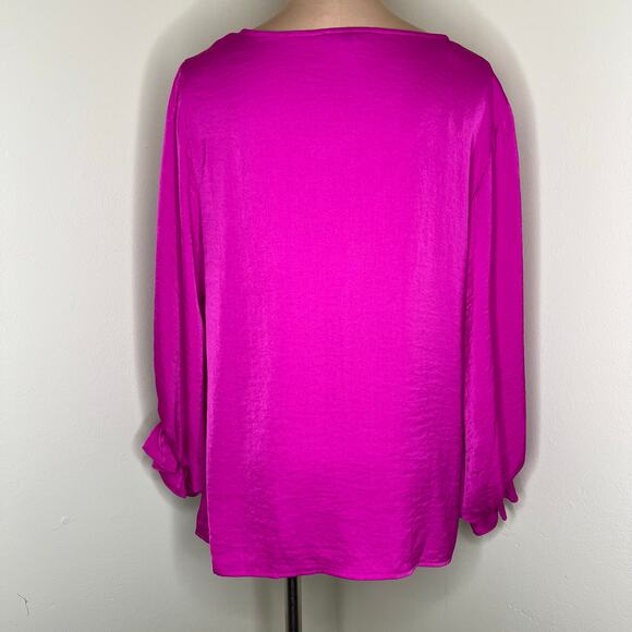 Prelude Blouse Large Womens Magenta Pink V-Neck Top Balloon Sleeve Ruffle Chic - Picture 3 of 8